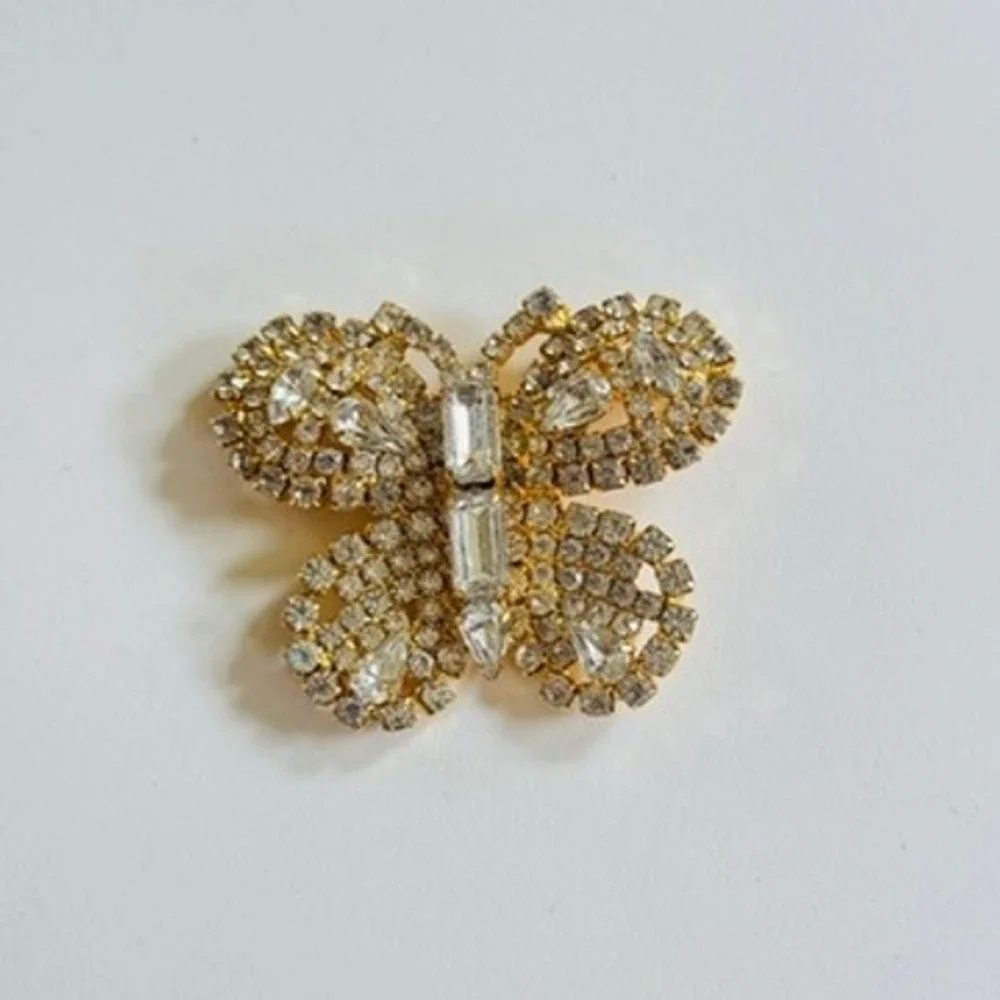 VTG‎ Estate Butterfly Pin Brooch Clear crystal rhinestone Gold tone Critter rare